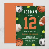 男子スポーツテーマオレンジ緑の誕生日パーティー 招待状 (正面/裏面)