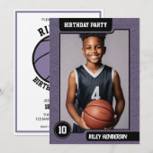 男子バスケットボール写真誕生日パーティー 招待状 (正面/裏面)