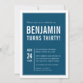 男子バースデーパーティーモダンタイポグラフィネイビーホワイト 招待状 (正面)