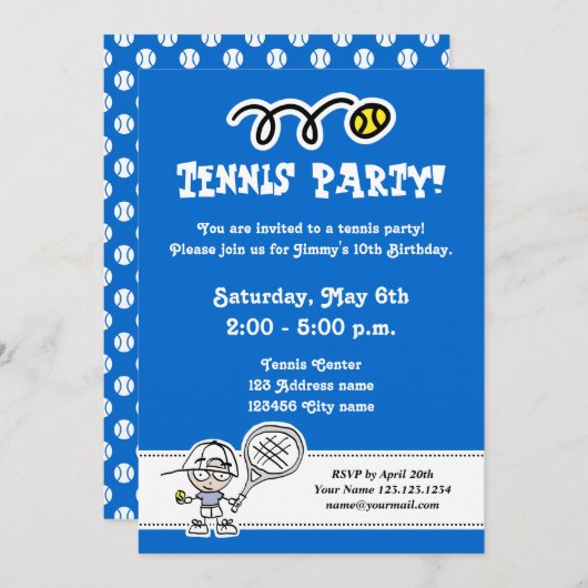 男子パーティの招待状用のテニス誕生日 招待状 (正面/裏面)