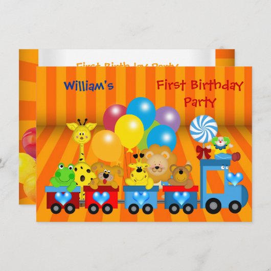 男子ファースト誕生日第1号列車動物園動物パーティー 招待状 (正面/裏面)