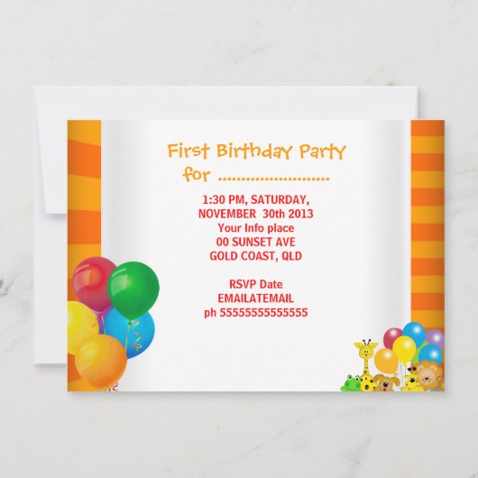 男子ファースト誕生日第1号列車動物園動物パーティー 招待状 (裏面)