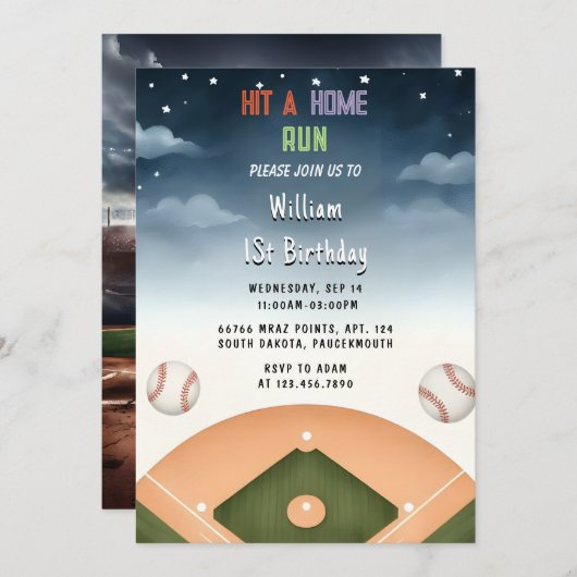 男子ボールウッドゲームチーム野球・1回目の誕生日 招待状 (正面/裏面)