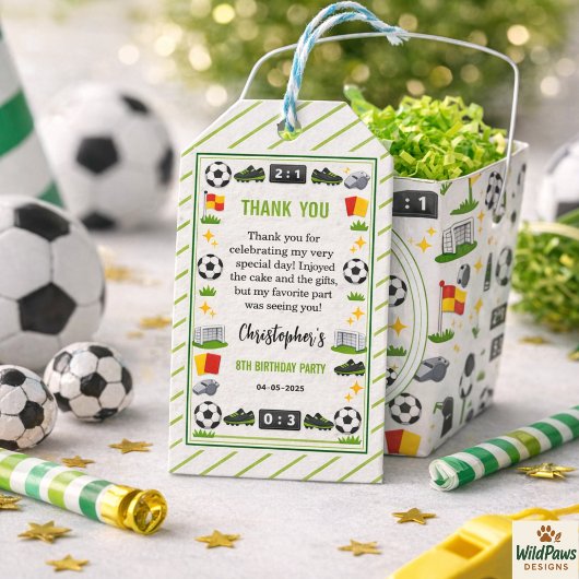 男子モダンスポーツサッカーキッズ8歳の誕生日パーティー ギフトタグ