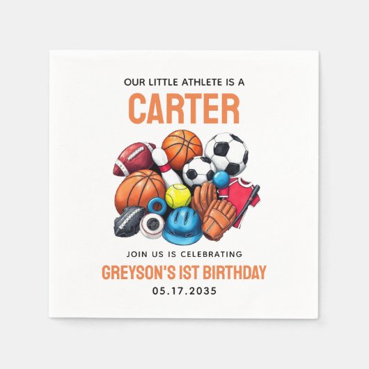 男子モダンスポーツボール全スター第1誕生日 スタンダードカクテルナプキン (正面)
