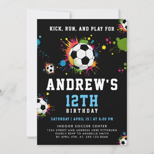 男子モダン青黒サッカーのスポーツボールチーム 招待状 (正面)