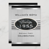 男子ヴィンテージ第60期銀メタルブラック誕生日2 招待状 (正面/裏面)