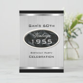 男子ヴィンテージ第60期銀メタルブラック誕生日 招待状 (スタンド正面)