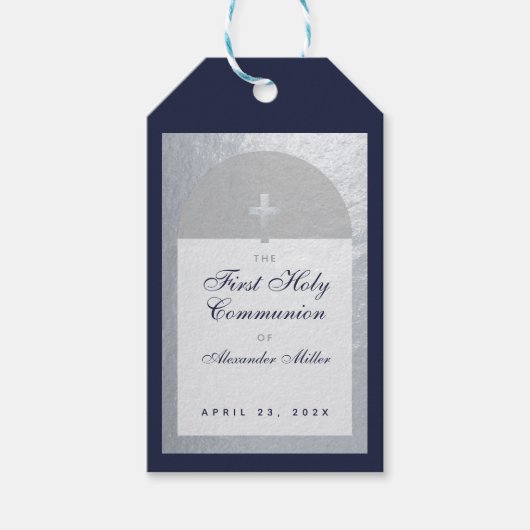 男子初領聖体アーチ ネイビーブルー 偽シルバー ギフトタグ (正面)