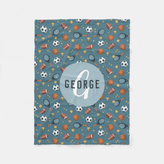 男子可愛いブルーサッカーバスケットボールスポーツキッズ フリースブランケット (正面)