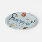 男子可愛いブルースポーツスーパースター赤ちゃんシャワー ペーパープレート (アングル)