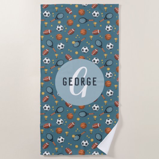 男子可愛いブルースポーツモノグラムキッズ ビーチタオル (正面)