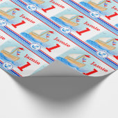 男子名絵を描セールボート1回目の誕生日ラップ ラッピングペーパー (角)