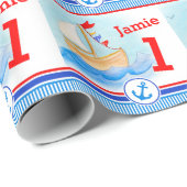 男子名絵を描セールボート1回目の誕生日ラップ ラッピングペーパー (ロールコーナー)