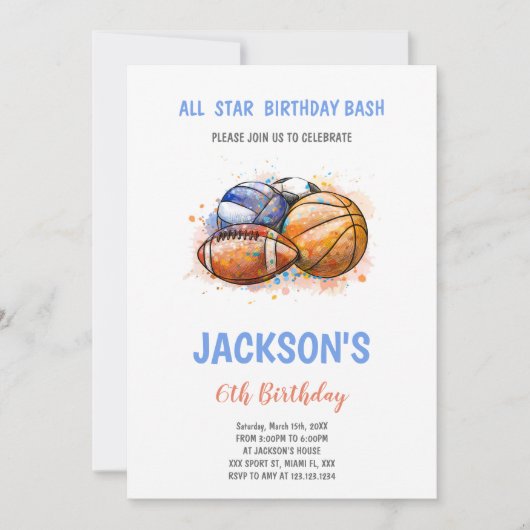 男子数々のの編集可能スポーツパーティー招待状 招待状 (正面)