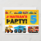 男子第5誕生日ビッグ建築トラックパーティー 招待状 (正面)