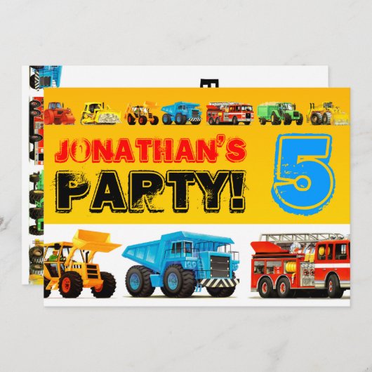 男子第5誕生日ビッグ建築トラックパーティー 招待状 (正面/裏面)