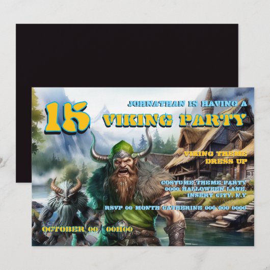 男子誕生日パーティー 8–16 | ヴァイキング戦士 招待状 (正面/裏面)