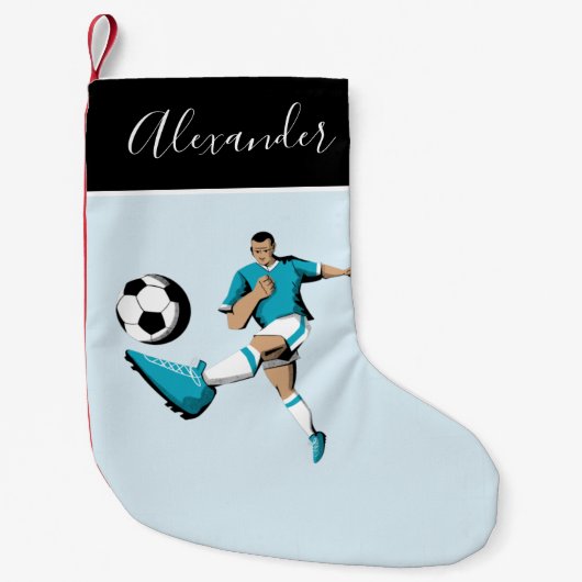 男子遊サッカー蹴りボール選手のコーチ名 スモールクリスマスストッキング (正面)