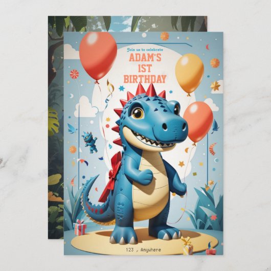 男子1歳の誕生日かわいいディナおもしろいーソールtレックス 招待状 (正面/裏面)