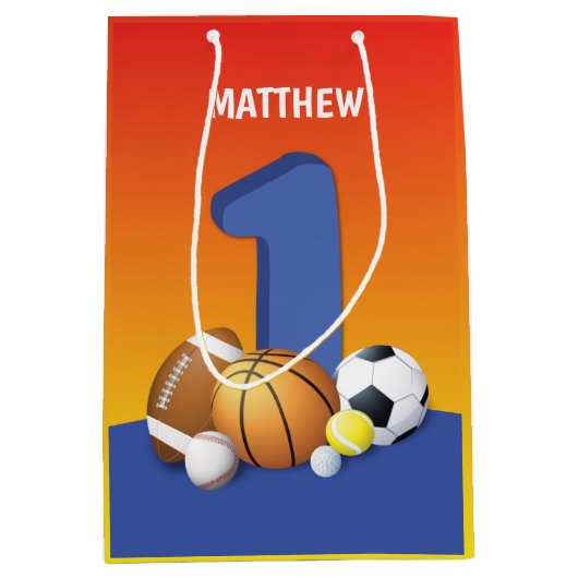 男子1歳の誕生日スポーツボール ミディアムペーパーバッグ (正面)