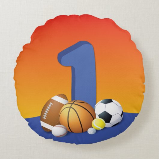 男子1歳の誕生日スポーツボール ラウンドクッション (正面)