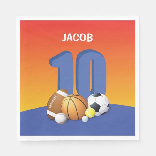 男子10誕生日スポーツボール スタンダードランチョンナプキン (正面)