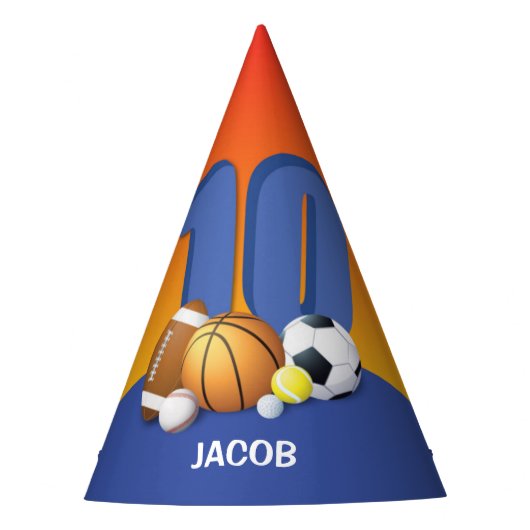 男子10誕生日スポーツボール パーティーハット (正面)