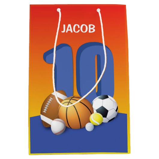 男子10誕生日スポーツボール ミディアムペーパーバッグ (正面)