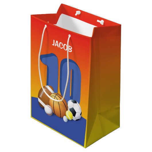 男子10誕生日スポーツボール ミディアムペーパーバッグ (正面アングル)
