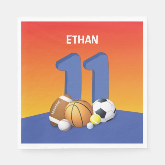 男子11誕生日スポーツボール スタンダードランチョンナプキン (正面)