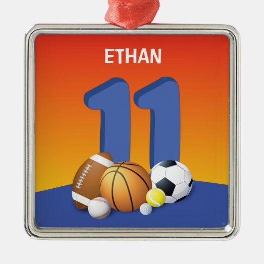 男子11誕生日スポーツボール メタルオーナメント (正面)