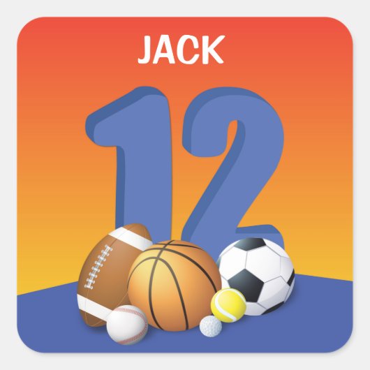 男子12誕生日スポーツボール スクエアシール (正面)