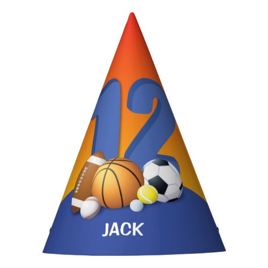 男子12誕生日スポーツボール パーティーハット (正面)