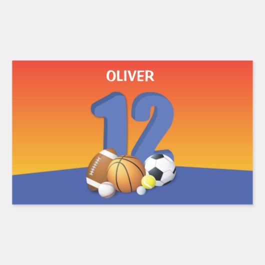 男子12誕生日スポーツボール 長方形シール (正面)