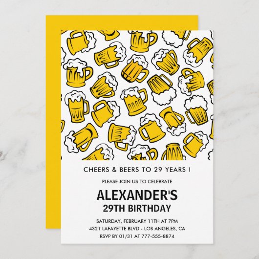 男子29歳の誕生日招待状応援とビール 招待状 (正面/裏面)