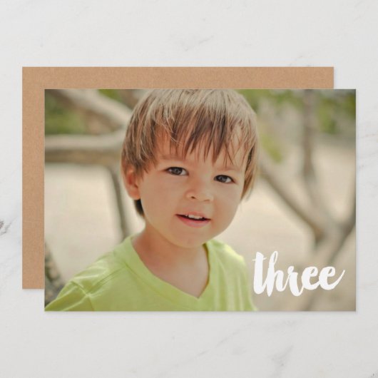 男子3歳誕生日ナンバー3フォトオーバーレイ 招待状 (正面/裏面)