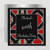 男子40歳の誕生日パーティーブラック・レッドアールデコ 招待状 (正面/裏面)