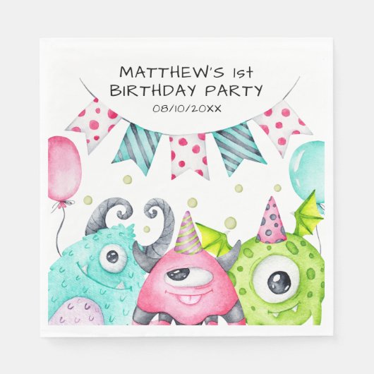 男子 かわいい モンスター カスタマイズ バースデーパーティー スタンダードランチョンナプキン (正面)