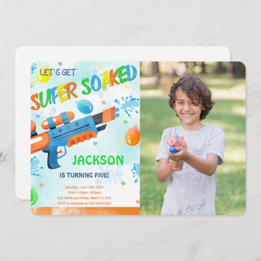 男子 ウォーターガン 誕生日 写真 招待状 (正面/裏面)