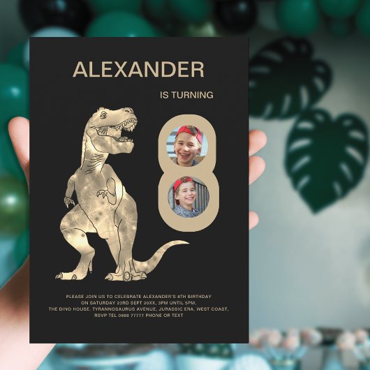 男子 ティラノサウルス 恐竜 8歳 誕生日パーティー フォト コラージュ 招待状