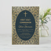 男子　ファースト　コミュニオン　エレガント　青　金　葉　クロス 招待状 (スタンド正面)