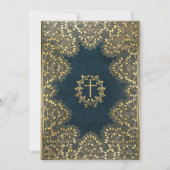 男子　ファースト　コミュニオン　エレガント　青　金　葉　クロス 招待状 (裏面)