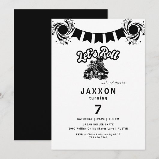 男子 ブラック ローラー スケート 誕生日パーティー 招待状 (正面/裏面)