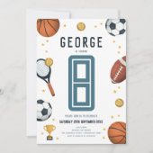 男子 ブルー スポーツ 子供 8歳の誕生日 招待状 (正面)