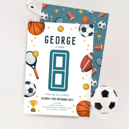 男子 ブルー スポーツ 子供 8歳の誕生日 招待状