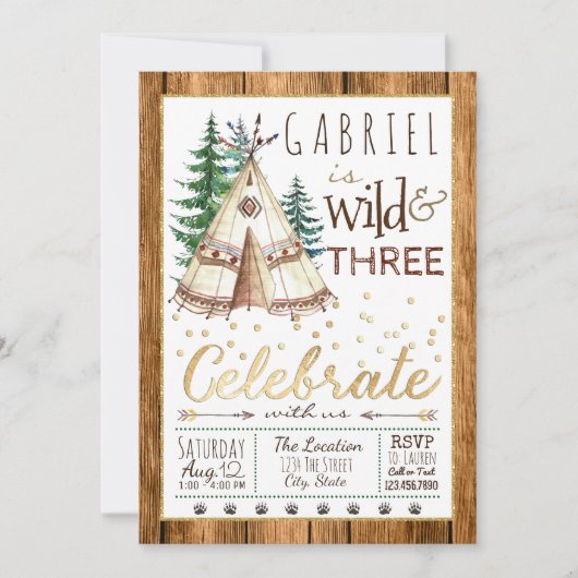 男子 ワイルド アンド スリー トライバル ティーピー 3歳 誕生日 招待状 (正面)