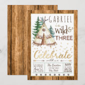 男子 ワイルド アンド スリー トライバル ティーピー 3歳 誕生日 招待状 (正面/裏面)