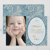 男子　初領聖体　青い花　金の写真 サンキューカード (正面/裏面)