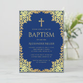 男子 洗礼 王室 青 偽金 葉 ヴィンテージ 招待状 (スタンド正面)